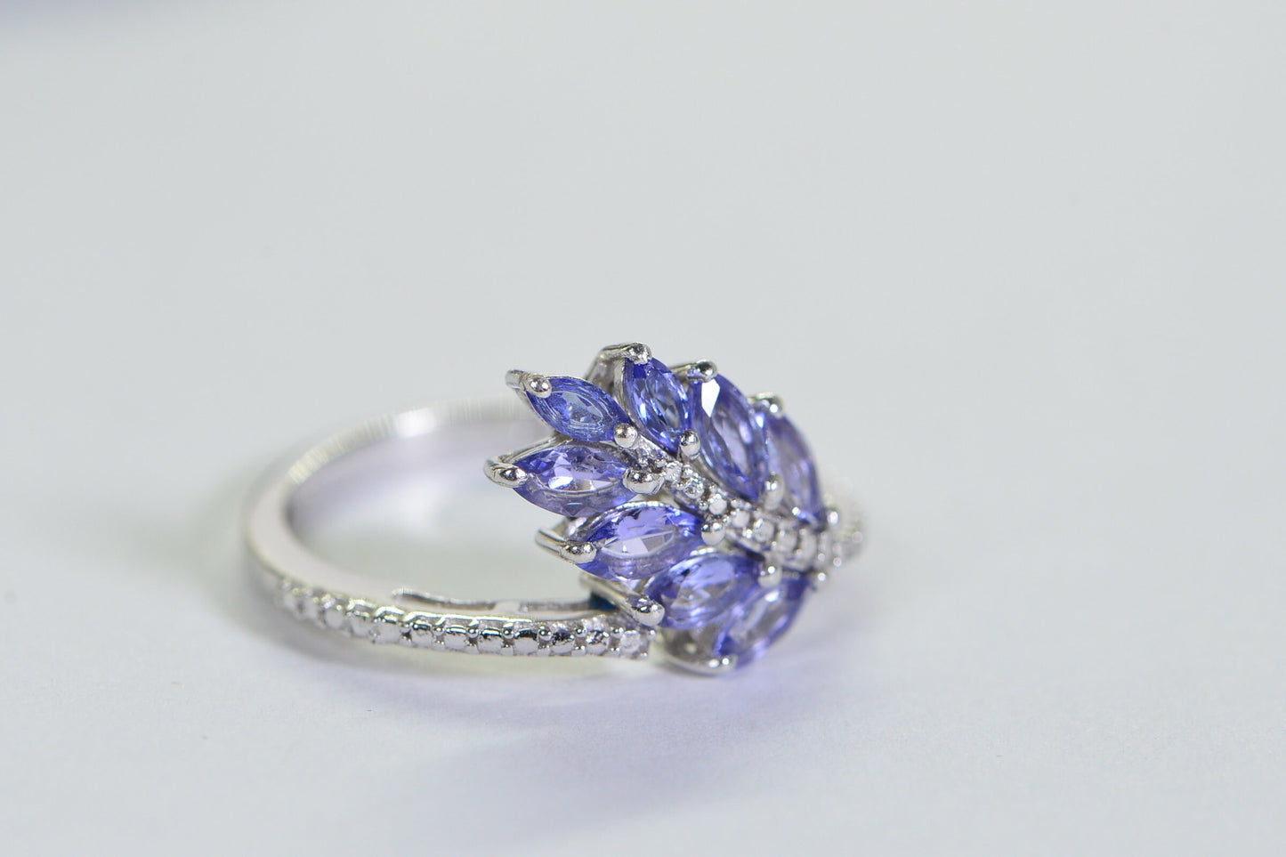Tanzanite Flower Cluster Ring: Marquise Sterling Silver Bypass Ring