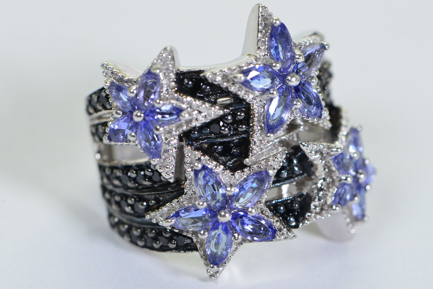 Black Spinel Tanzanite  Blue Sapphire Star Ring Gold Plated Over Sterling Silver Massive Ring