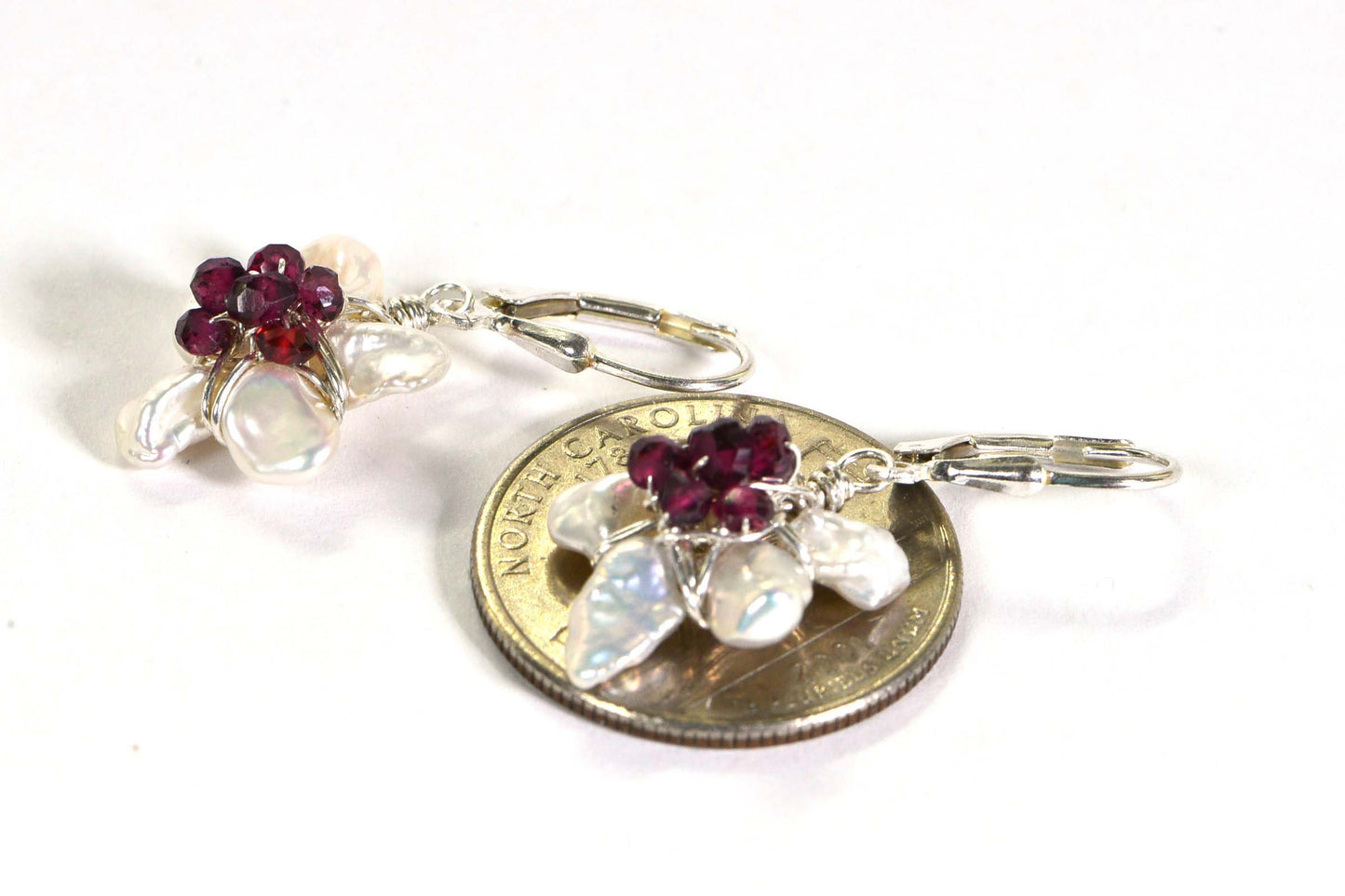 Sterling Silver Flower Earrings: Garnet & Pearl Dangle Earrings