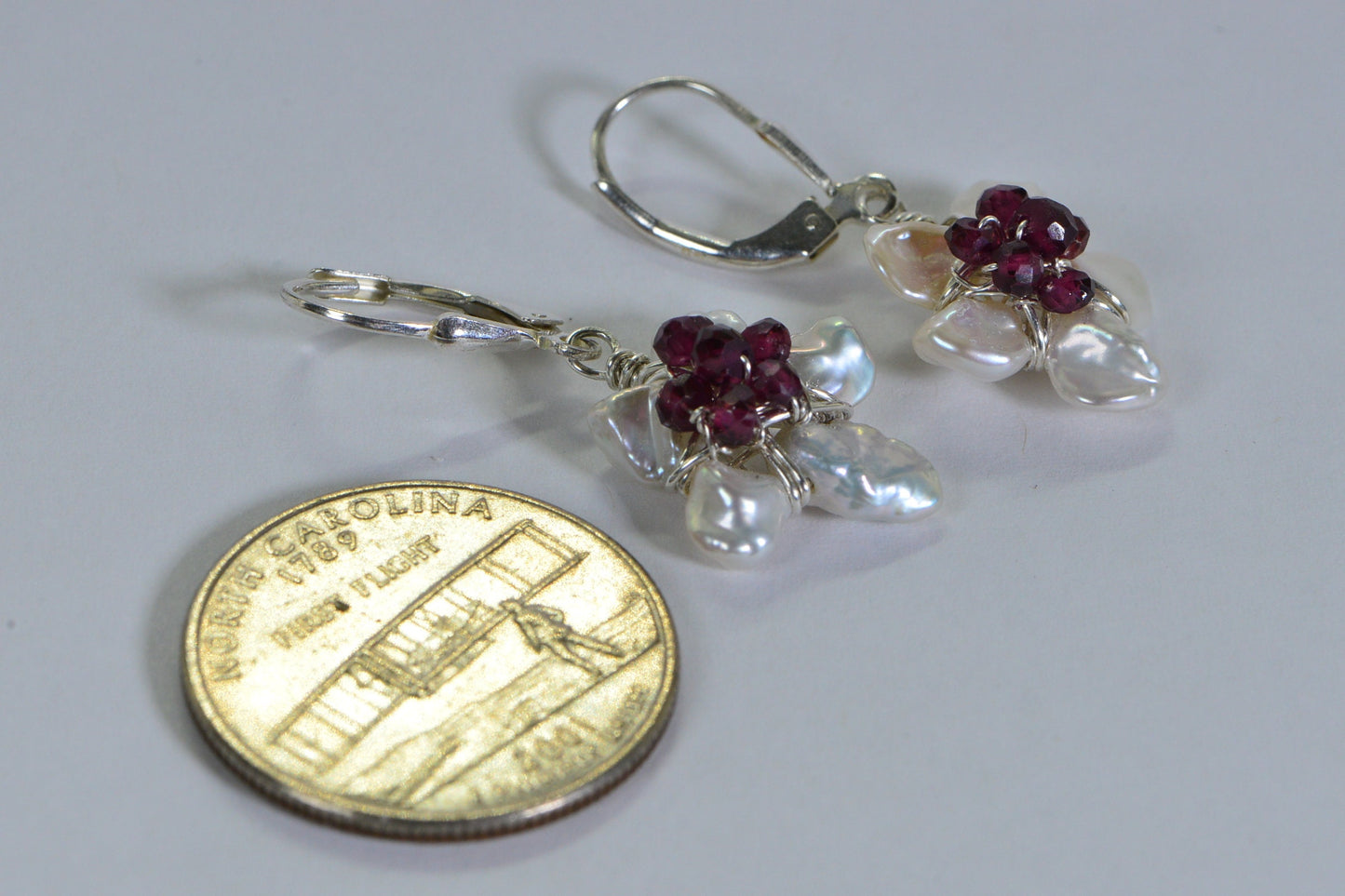 Sterling Silver Flower Earrings: Garnet & Pearl Dangle Earrings