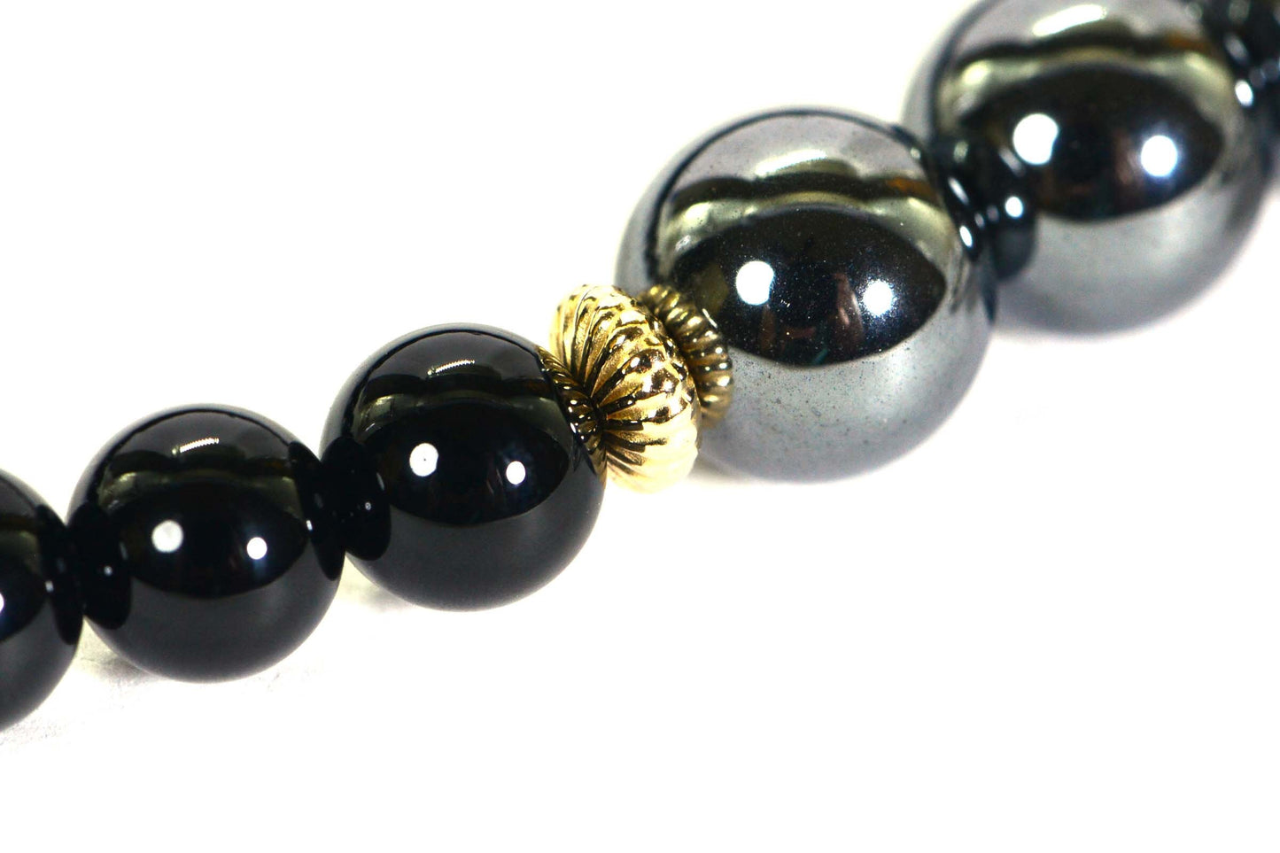 Hematite & Onyx Beaded Bracelet with Gold Cross: Adjustable Macrame Cord