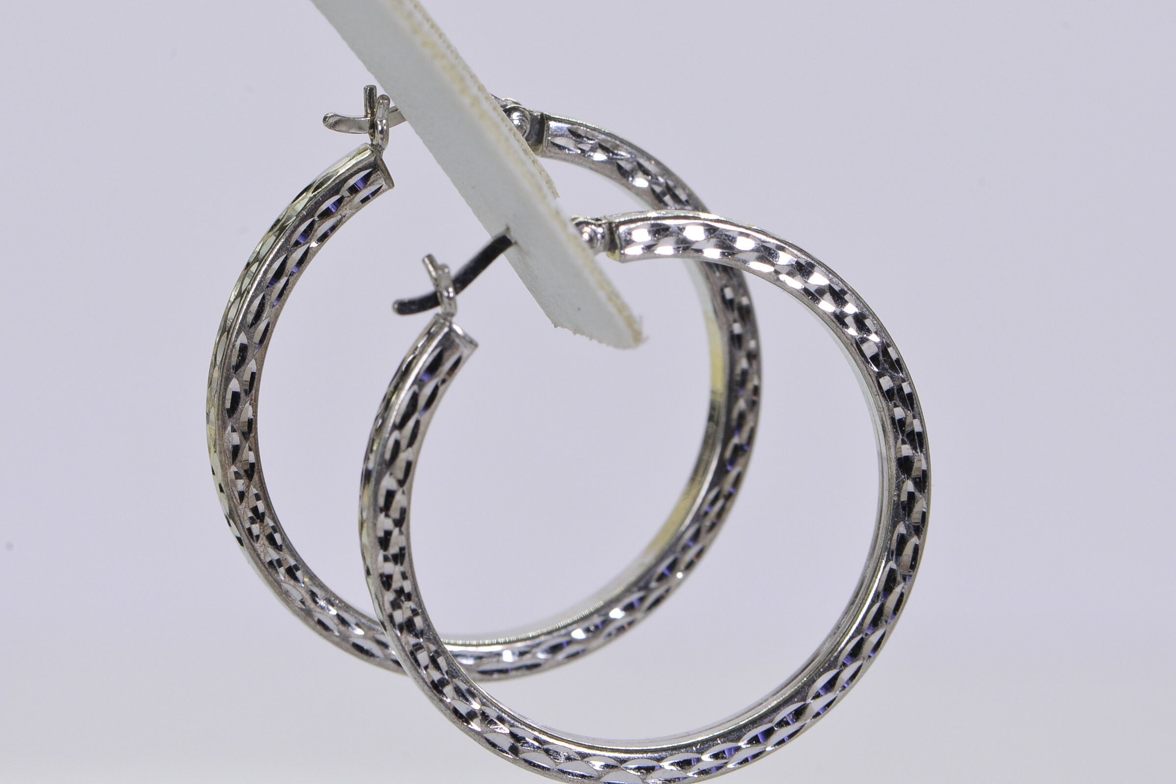 Diamond Cut Sterling Silver Hoop Earrings: 14K White Gold Finish, 1 inch
