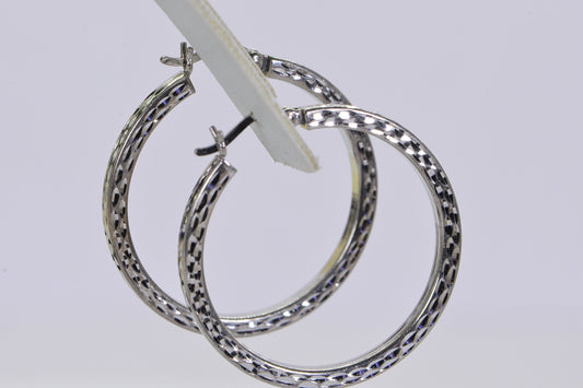 Diamond Cut Sterling Silver Hoop Earrings: 14K White Gold Finish, 1 inch