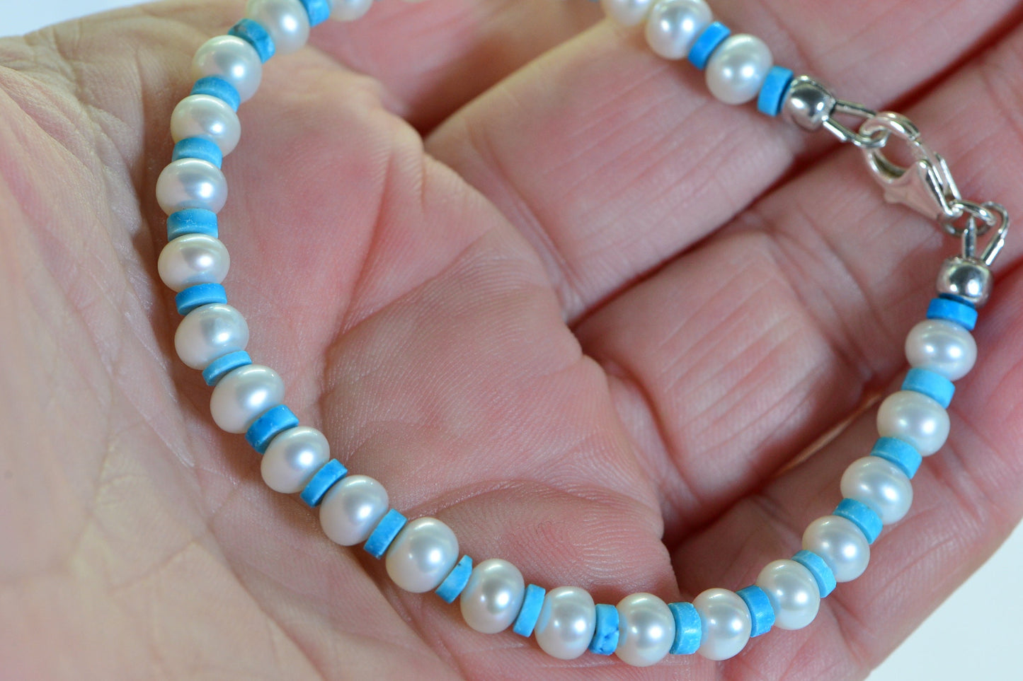 Turquoise & Freshwater Pearl Beaded Bracelet: Sterling Silver Clasp