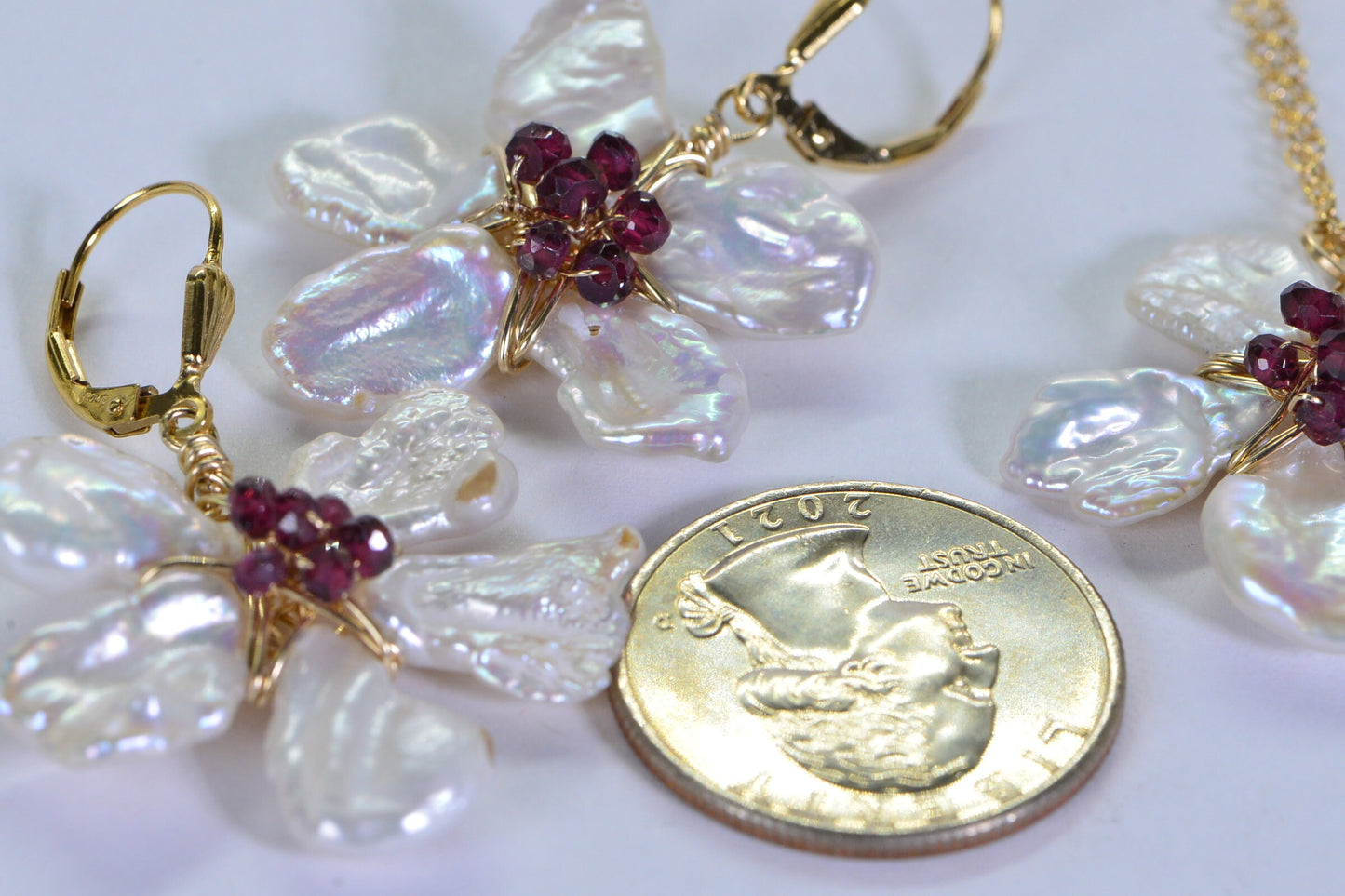 14K Gold Filled Flower Earrings: Keishi Pearl & Garnet Blossom Jewelry Set