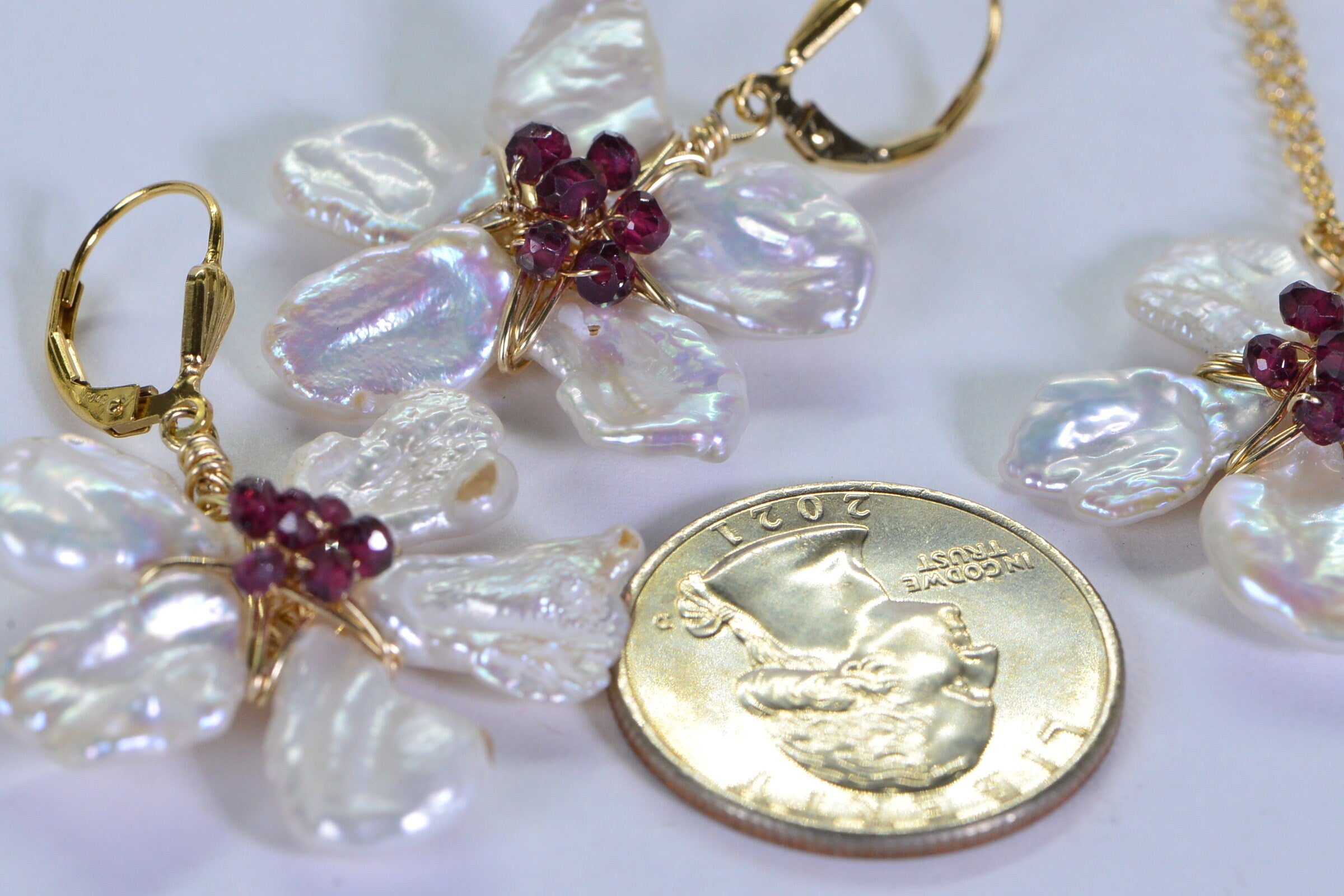 14K Gold Filled Flower Earrings: Keishi Pearl & Garnet Blossom Jewelry Set