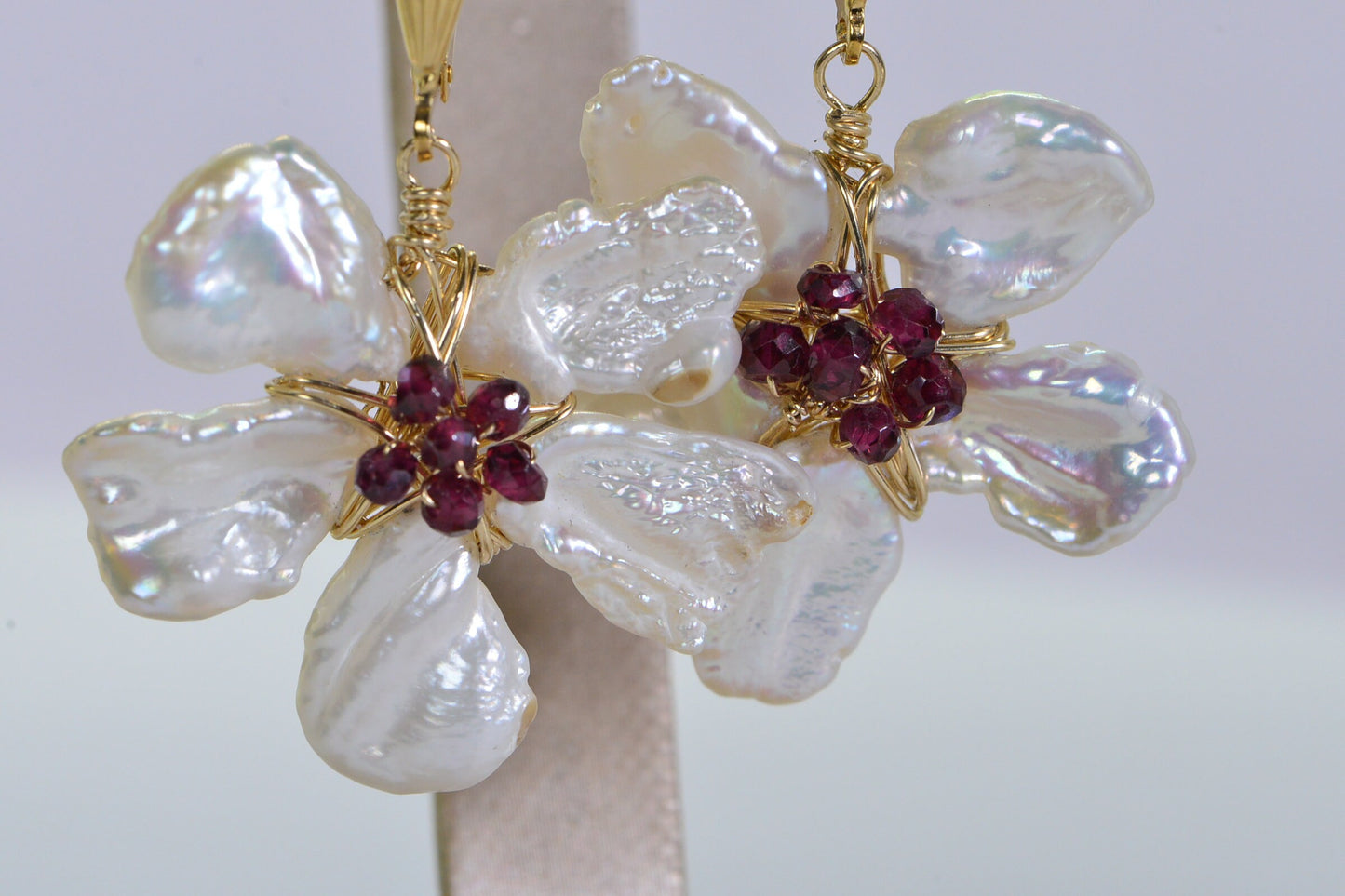 14K Gold Filled Flower Earrings: Keishi Pearl & Garnet Blossom Jewelry Set