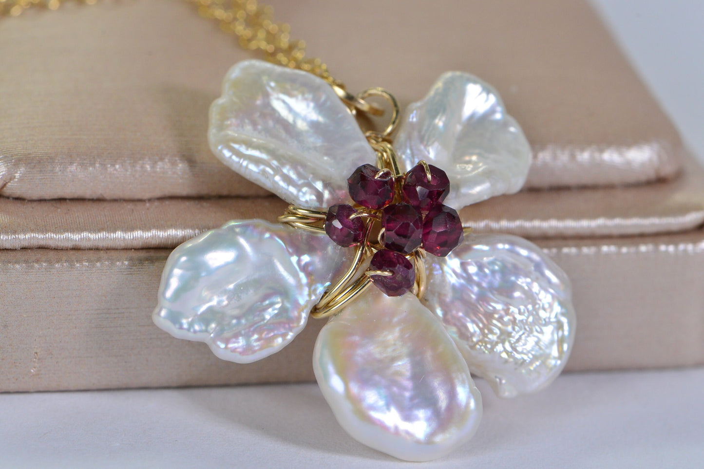14K Gold Filled Flower Earrings: Keishi Pearl & Garnet Blossom Jewelry Set