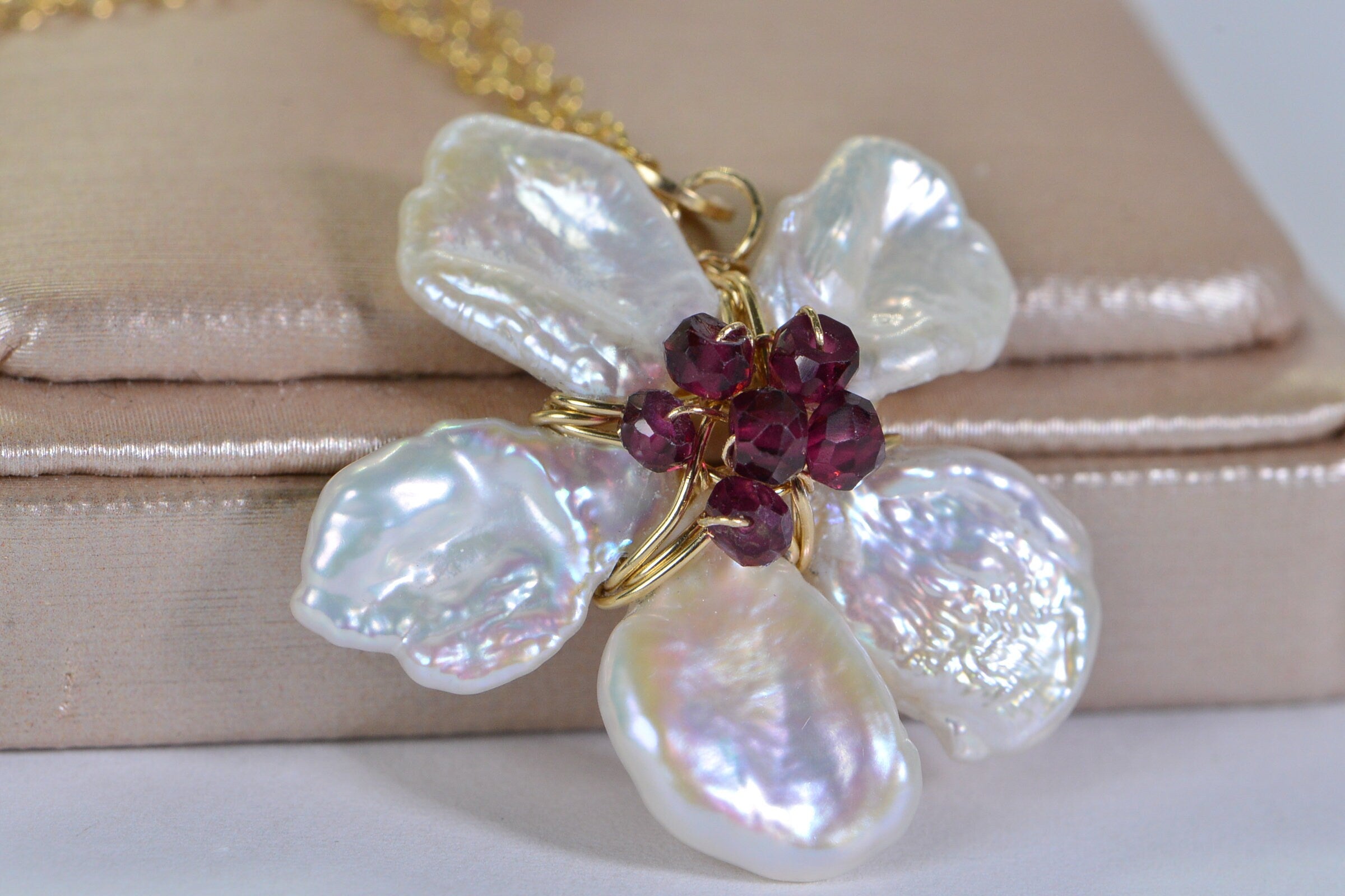 14K Gold Filled Flower Earrings: Keishi Pearl & Garnet Blossom Jewelry Set