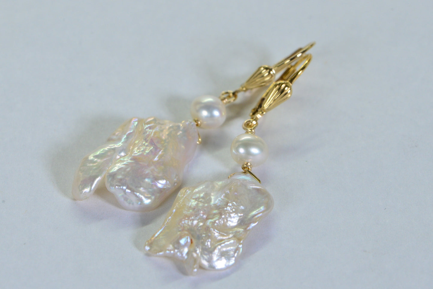 14K Gold Keishi Pearl Dangle Earrings: Ivory Wedding Jewelry