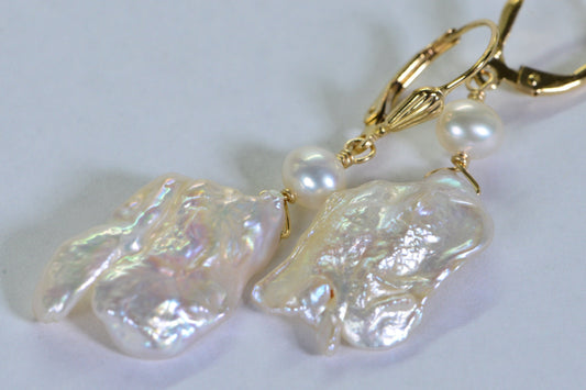 14K Gold Keishi Pearl Dangle Earrings: Ivory Wedding Jewelry