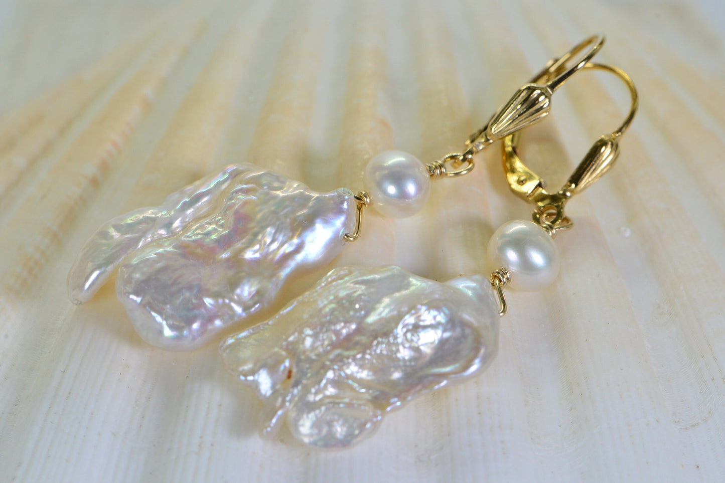 14K Gold Keishi Pearl Dangle Earrings: Ivory Wedding Jewelry