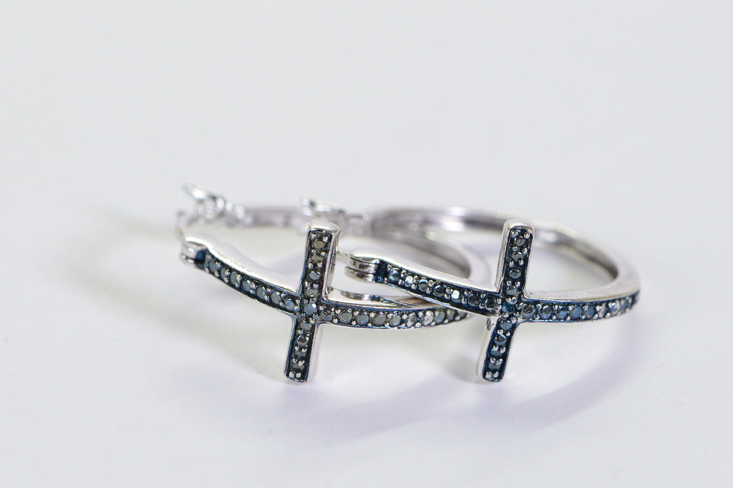 Blue Diamond Cross Hoop Earrings: Sterling Silver Religious Jewelry