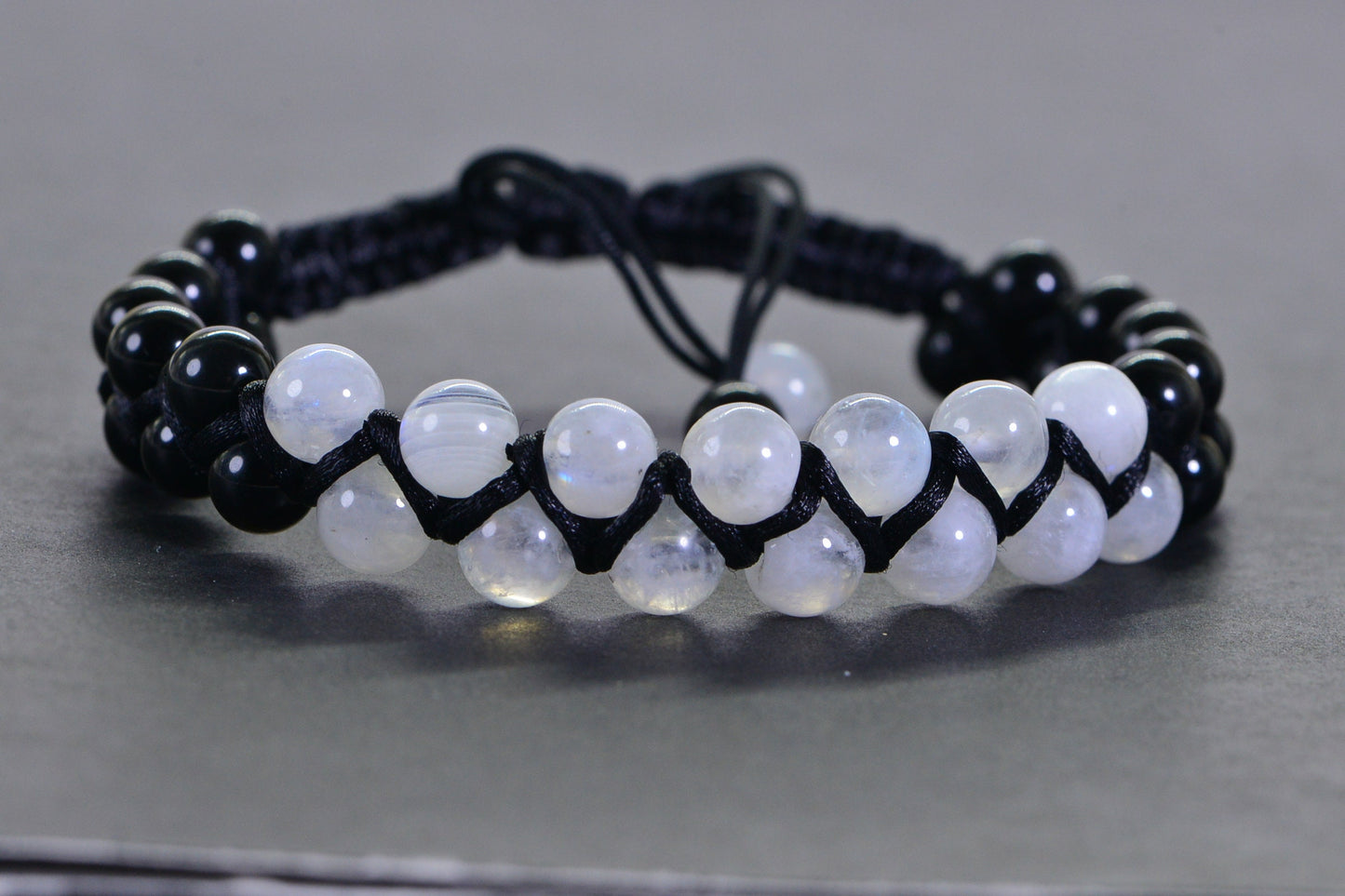 Moonstone & Black Onyx Macrame Bracelet: Crystal Yoga Gift
