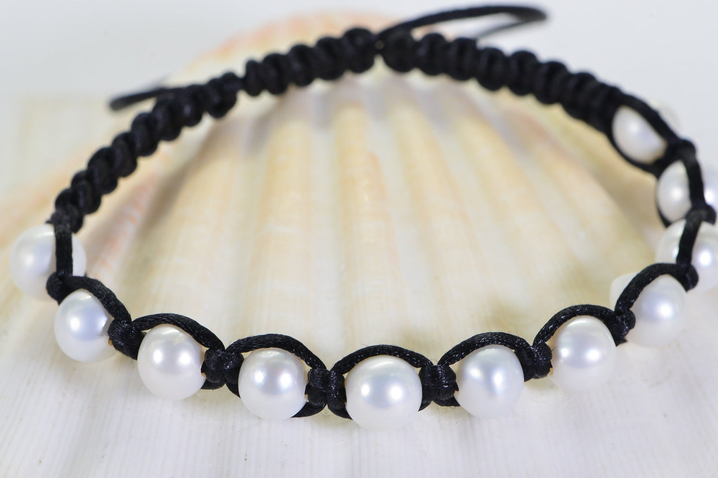 Freshwater Pearl Bracelet, Black Macrame, Adjustable Braided Jewelry