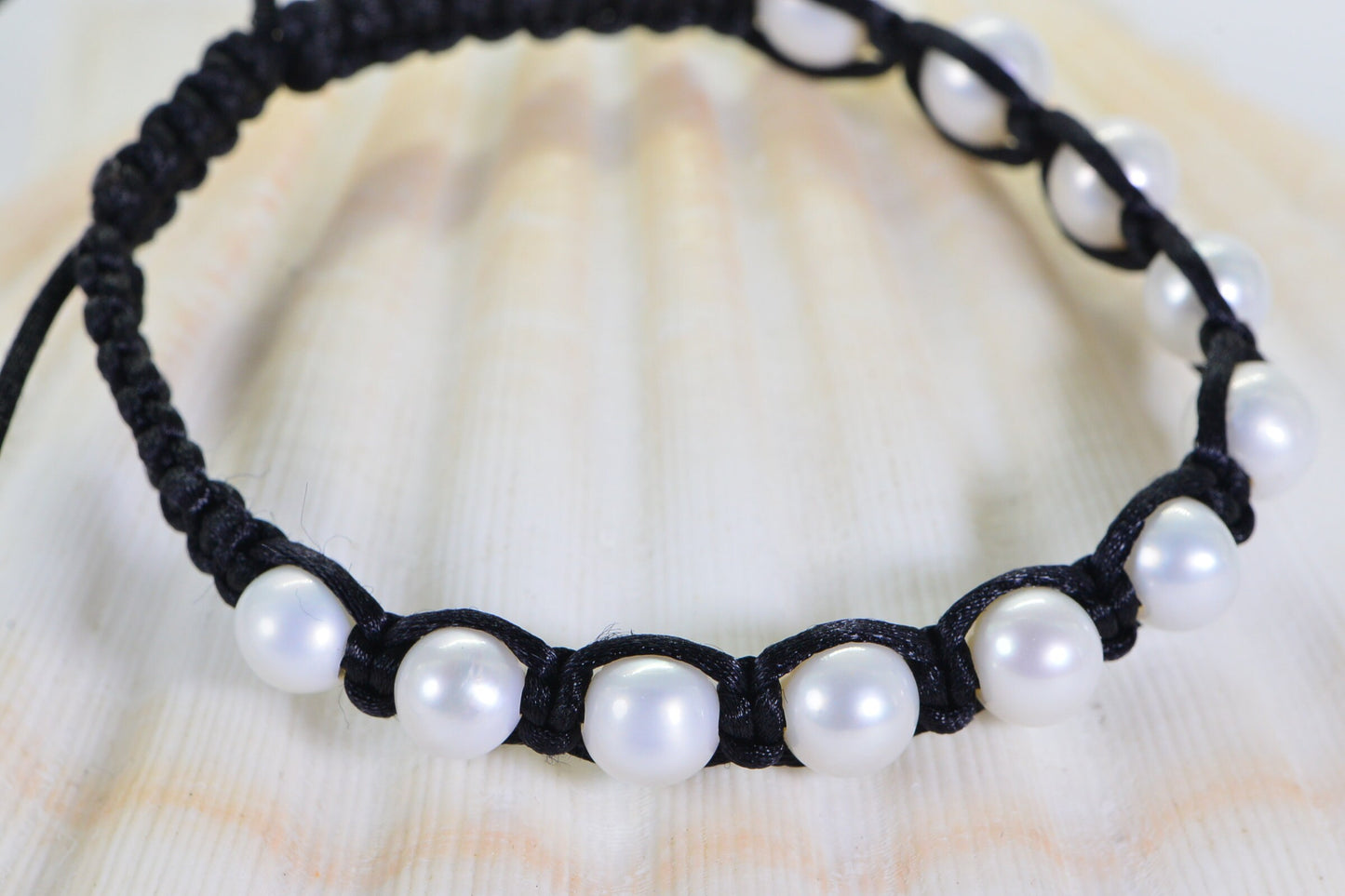 Freshwater Pearl Bracelet, Black Macrame, Adjustable Braided Jewelry