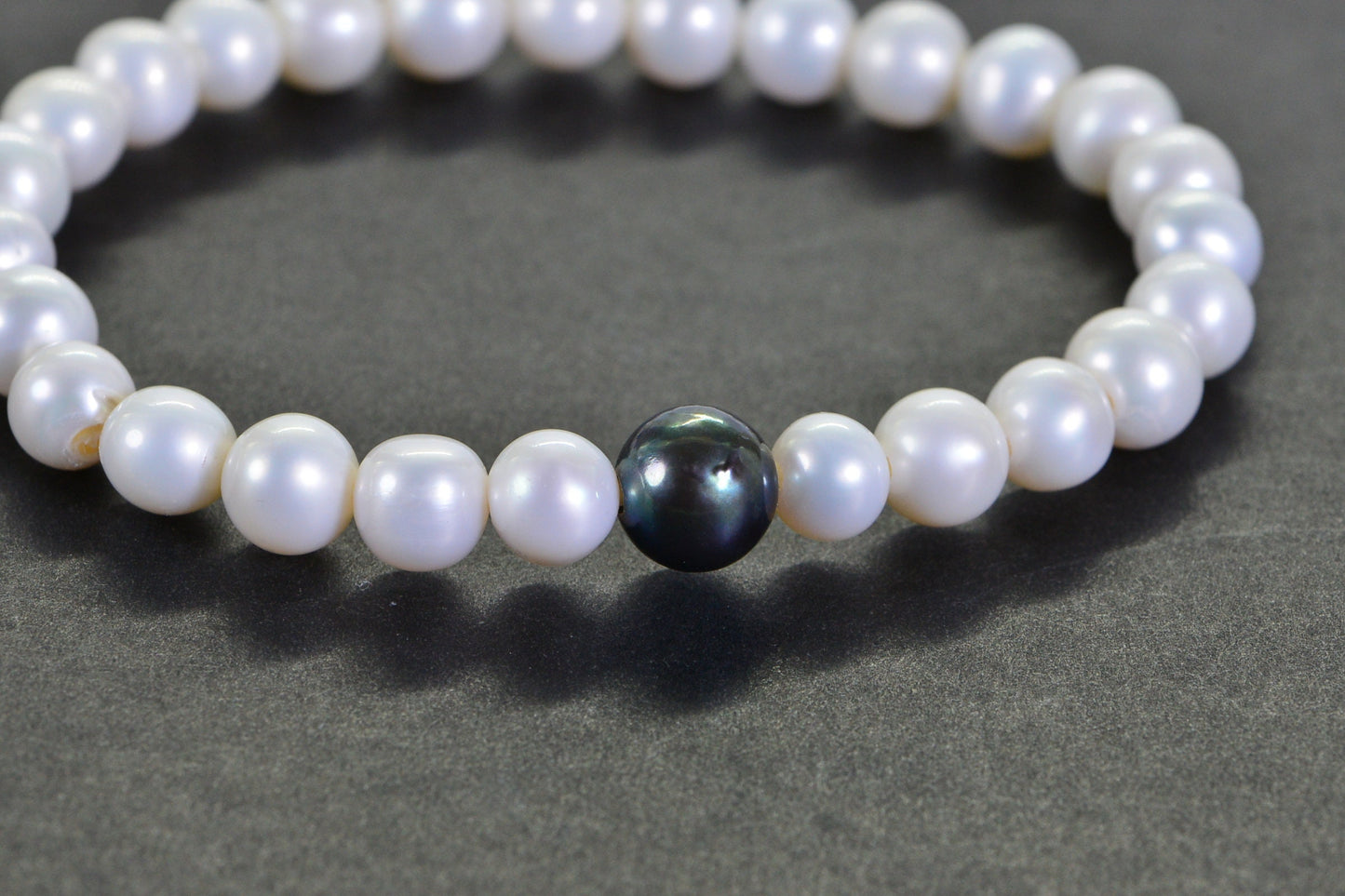 Tahitian Black Pearl Bracelet: White Freshwater Pearl, Adjustable Stretch