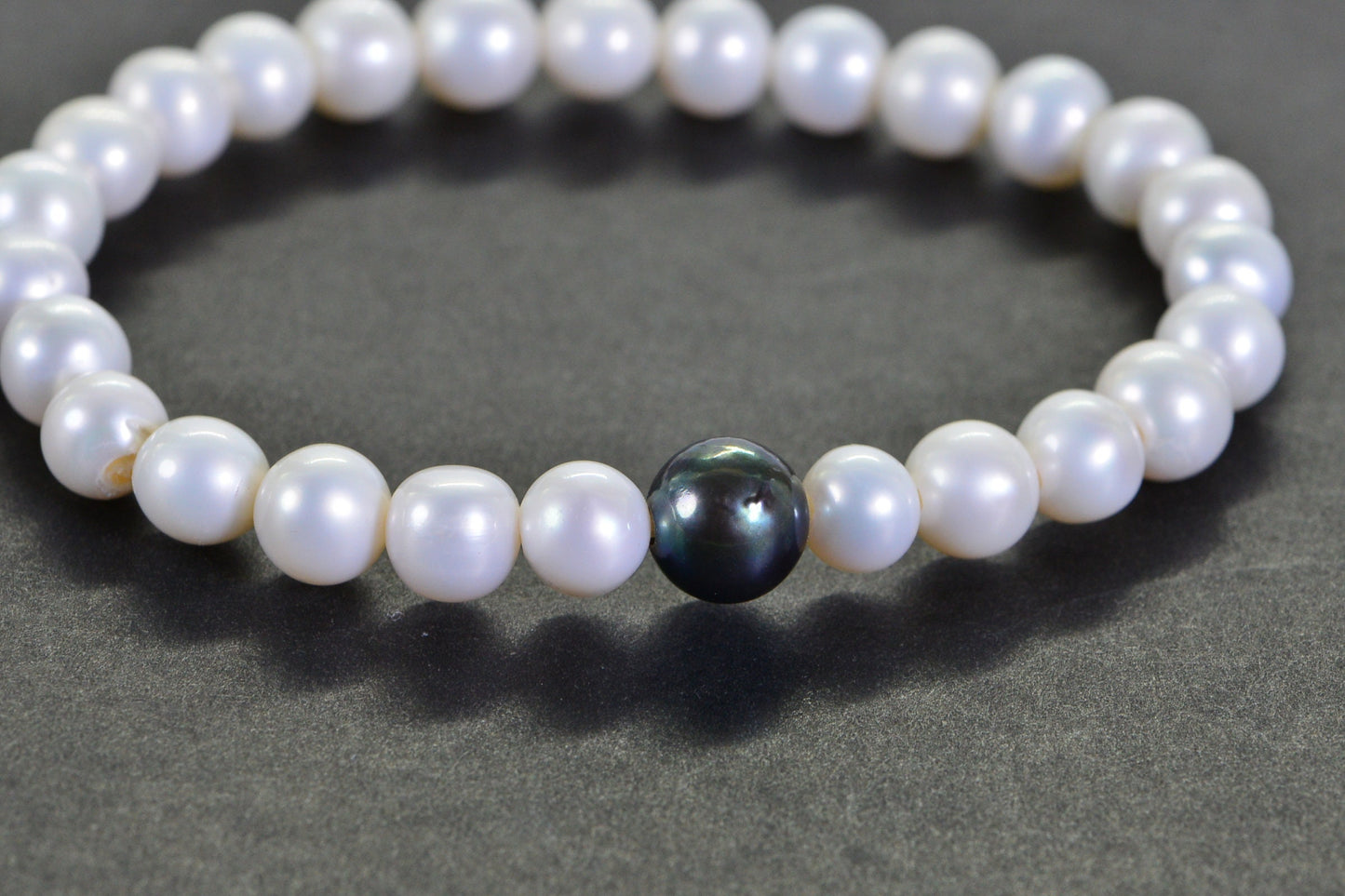 Tahitian Black Pearl Bracelet: White Freshwater Pearl, Adjustable Stretch