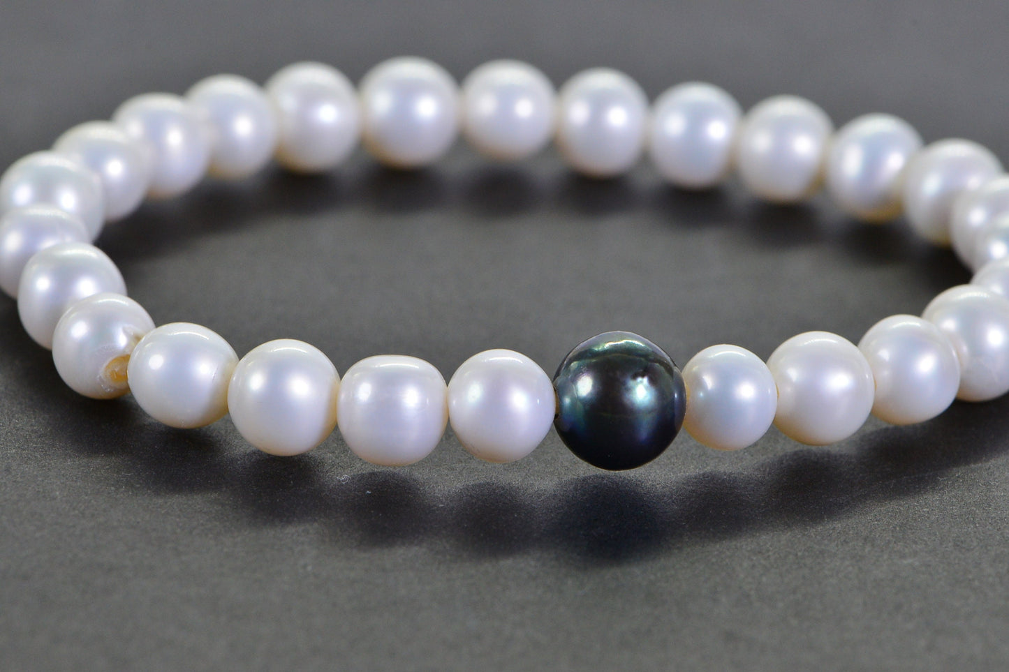 Tahitian Black Pearl Bracelet: White Freshwater Pearl, Adjustable Stretch