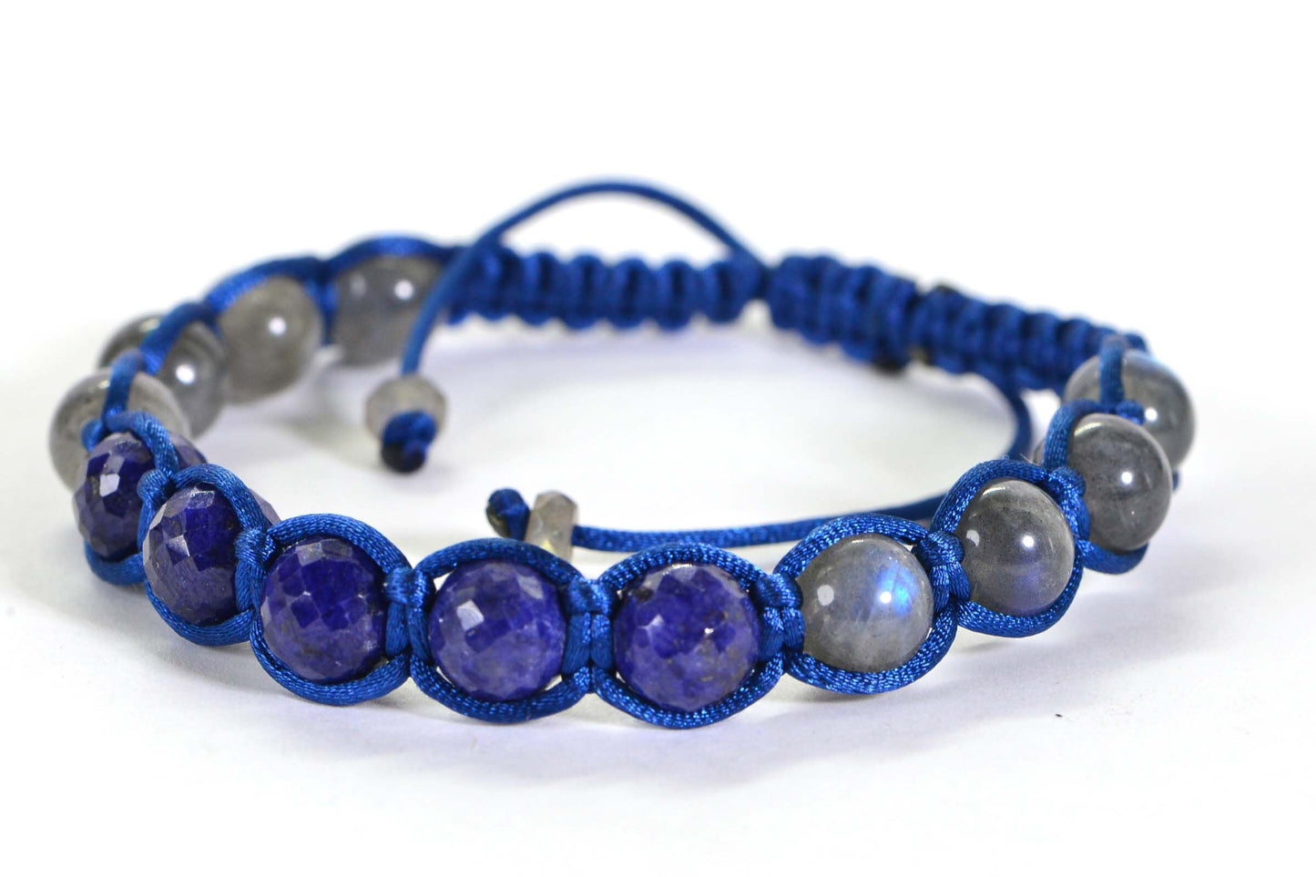 Sapphire & Labradorite Shamballa Bracelet: Braided Gemstone Macrame