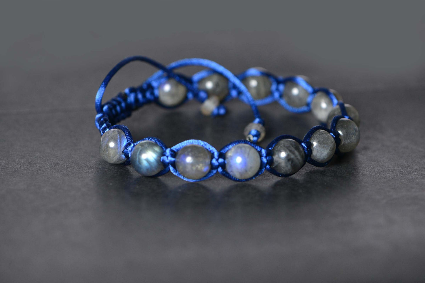 Shamballa Labradorite Bracelet: Braided Gemstone, Navy Blue Cord