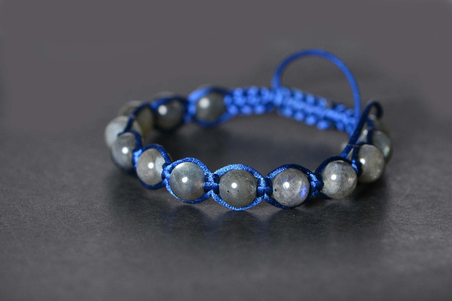 Shamballa Labradorite Bracelet: Braided Gemstone, Navy Blue Cord