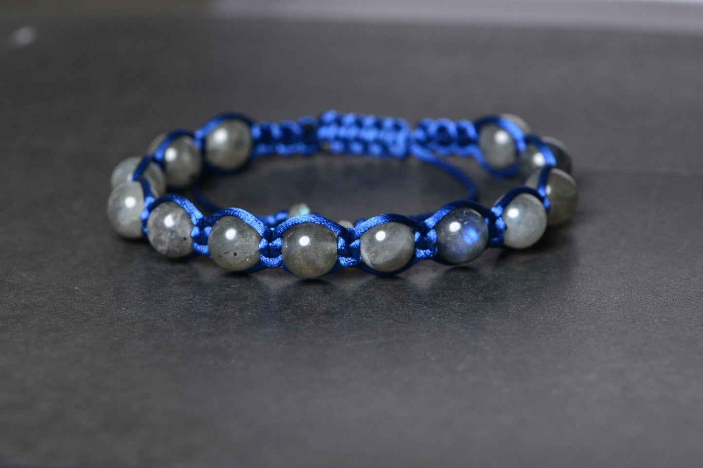 Shamballa Labradorite Bracelet: Braided Gemstone, Navy Blue Cord