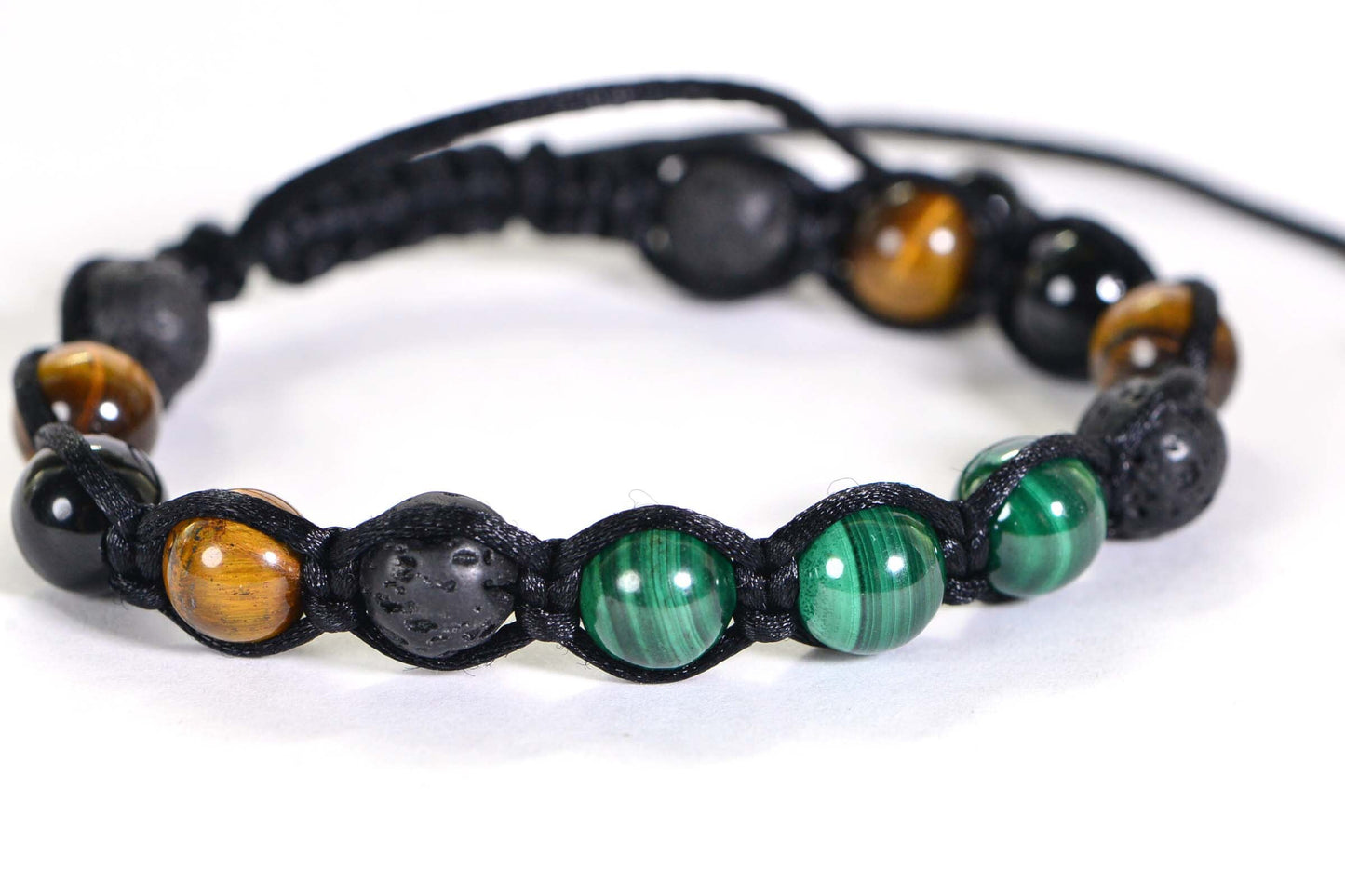 Handmade Shamballa Bracelet: Tiger Eye, Malachite, Black Tourmaline