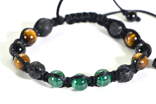 Handmade Shamballa Bracelet: Tiger Eye, Malachite, Black Tourmaline