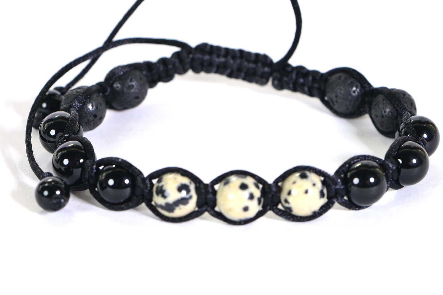 Handmade Shamballa Bracelet: Black Obsidian, Dalmatian Jasper & Lava Beads