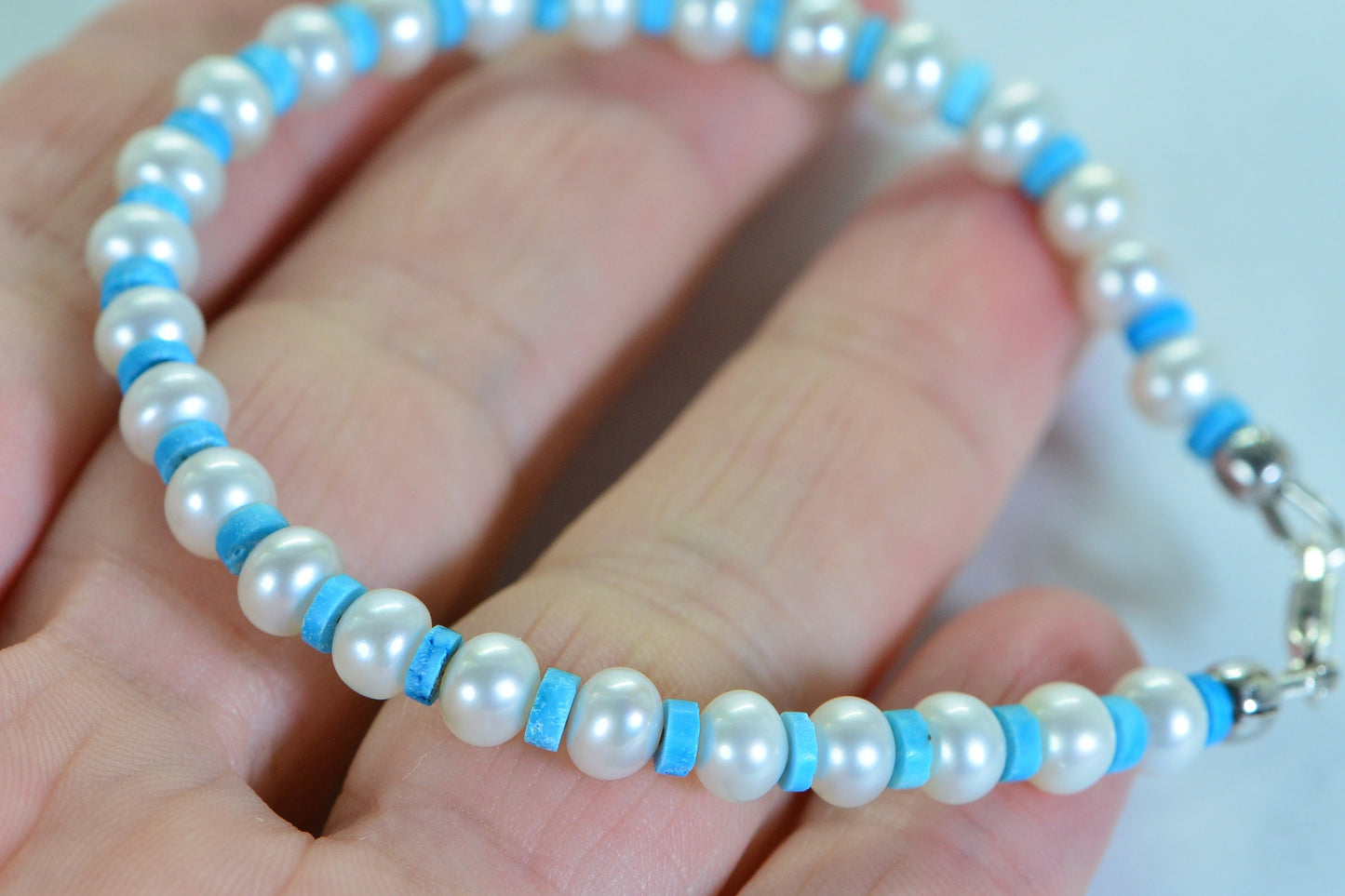 Turquoise & Freshwater Pearl Beaded Bracelet: Sterling Silver Clasp