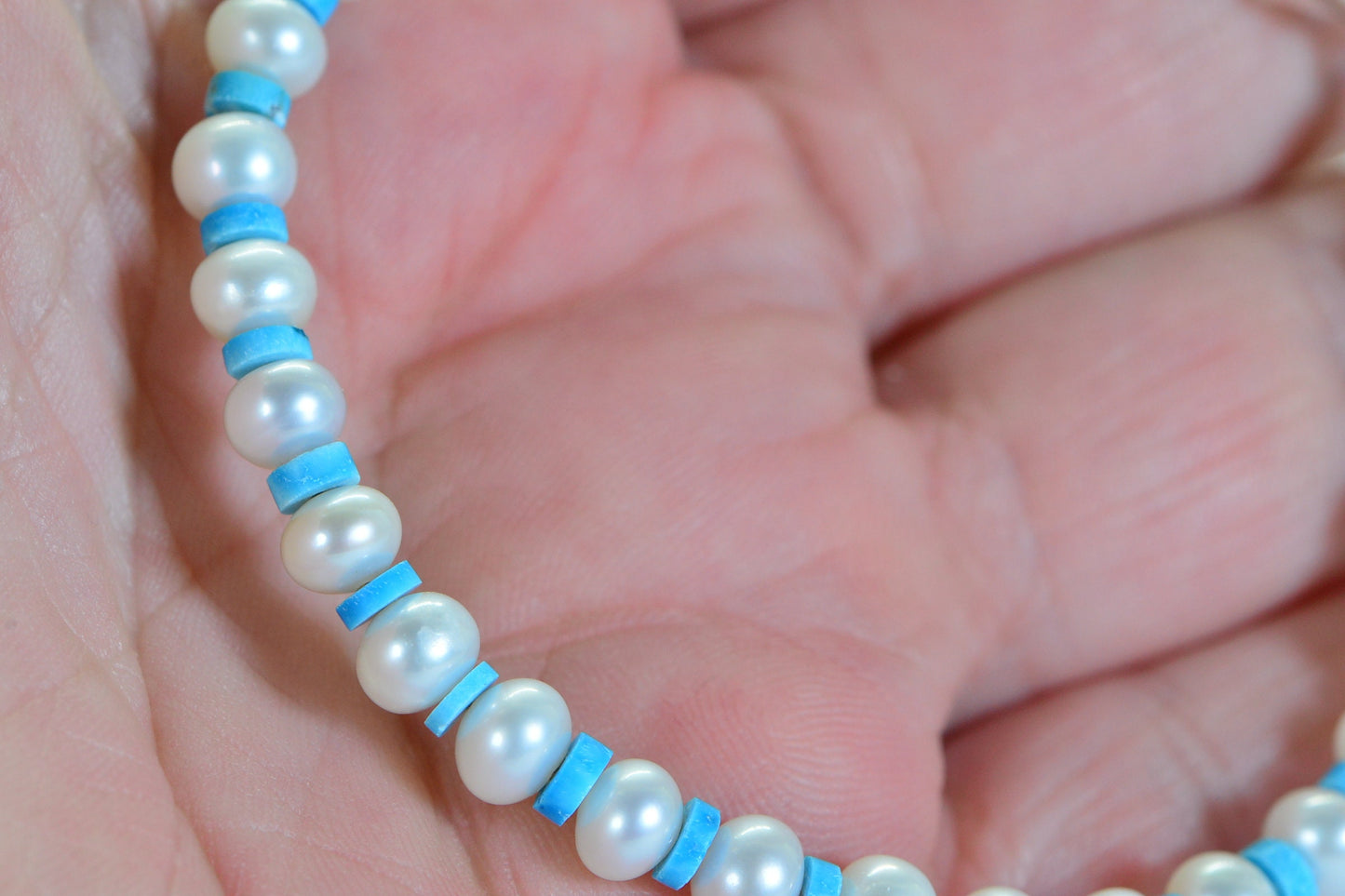 Turquoise & Freshwater Pearl Beaded Bracelet: Sterling Silver Clasp