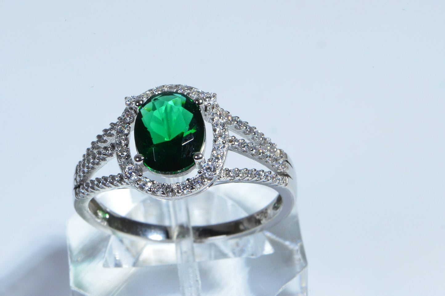Emerald Halo Diamond Sterling Silver Oval Stone Ring Engagement Ring Birthstone For May