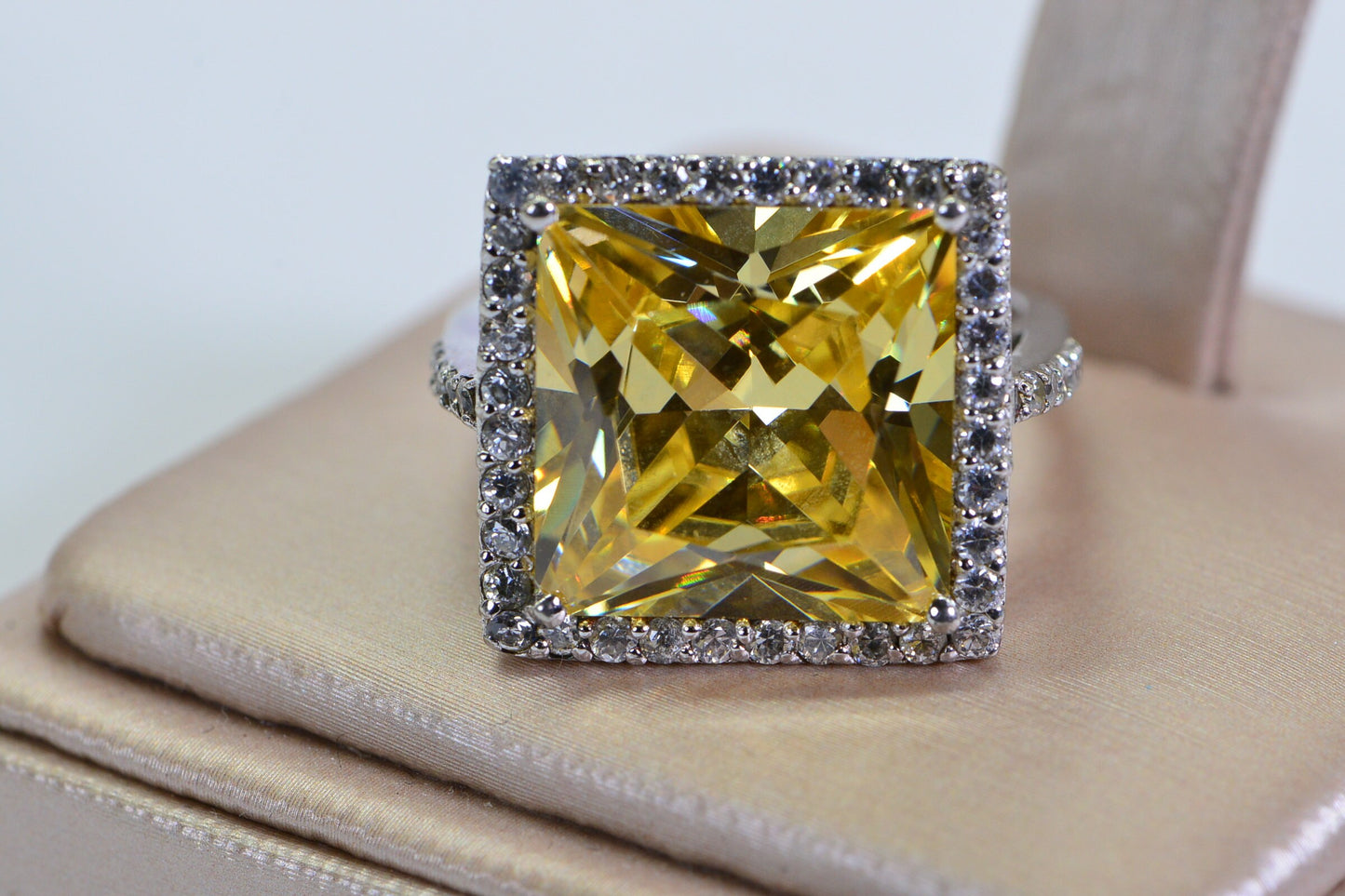 Vintage Simulated Yellow Diamond Ring: Sterling Silver Cushion Halo