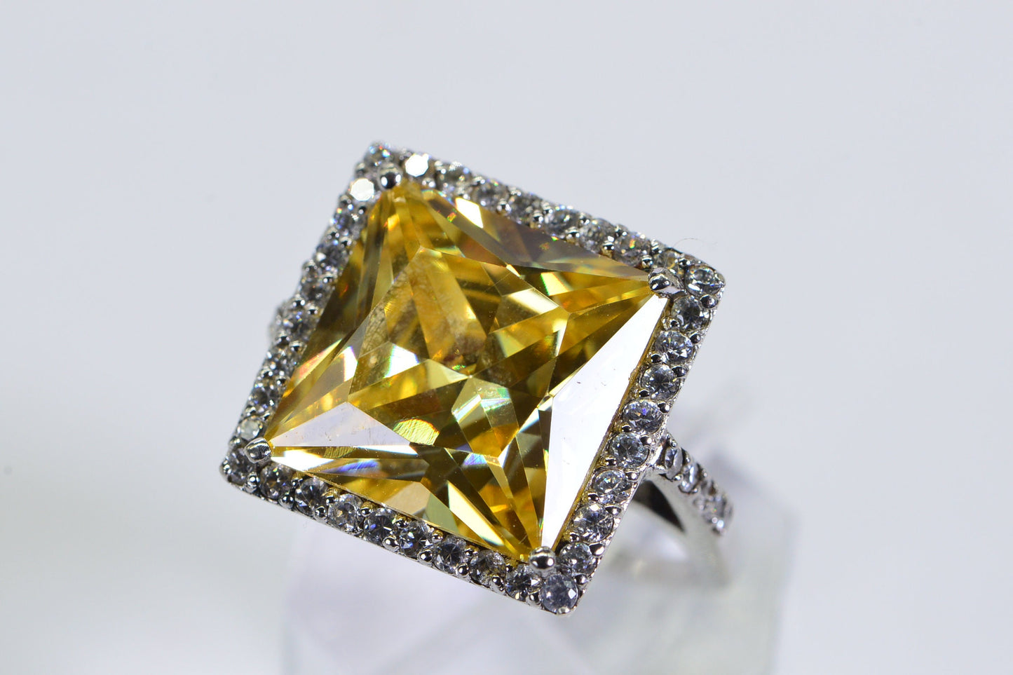 Vintage Simulated Yellow Diamond Ring: Sterling Silver Cushion Halo