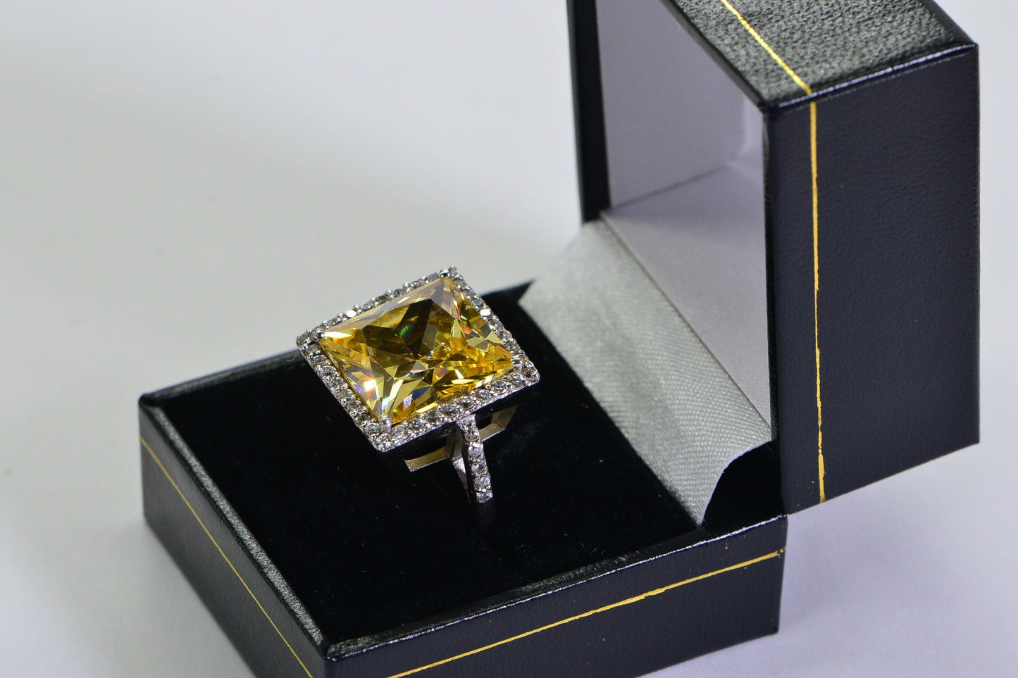 Vintage Simulated Yellow Diamond Ring: Sterling Silver Cushion Halo