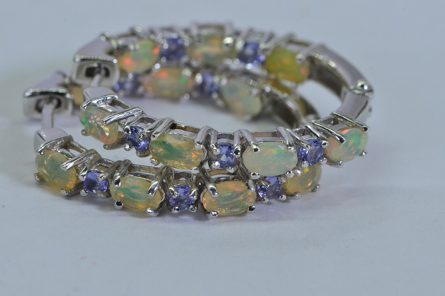 Ethiopian Opal Tanzanite Sterling Silver Hoop Earrings