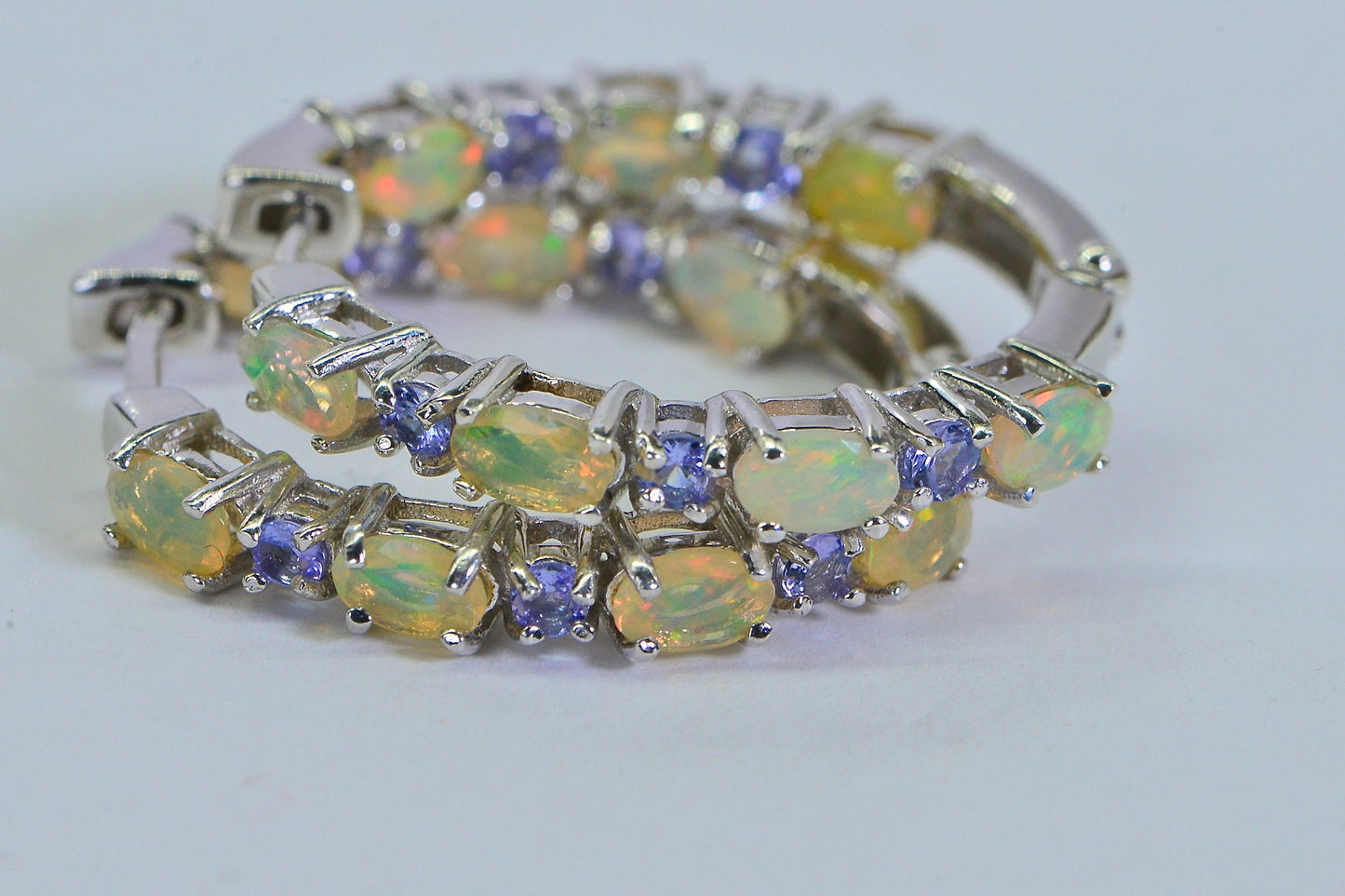 Ethiopian Opal Tanzanite Sterling Silver Hoop Earrings