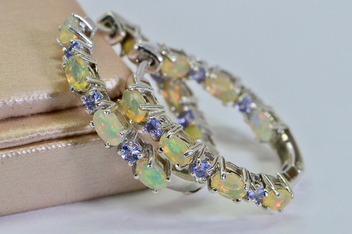 Ethiopian Opal Tanzanite Sterling Silver Hoop Earrings