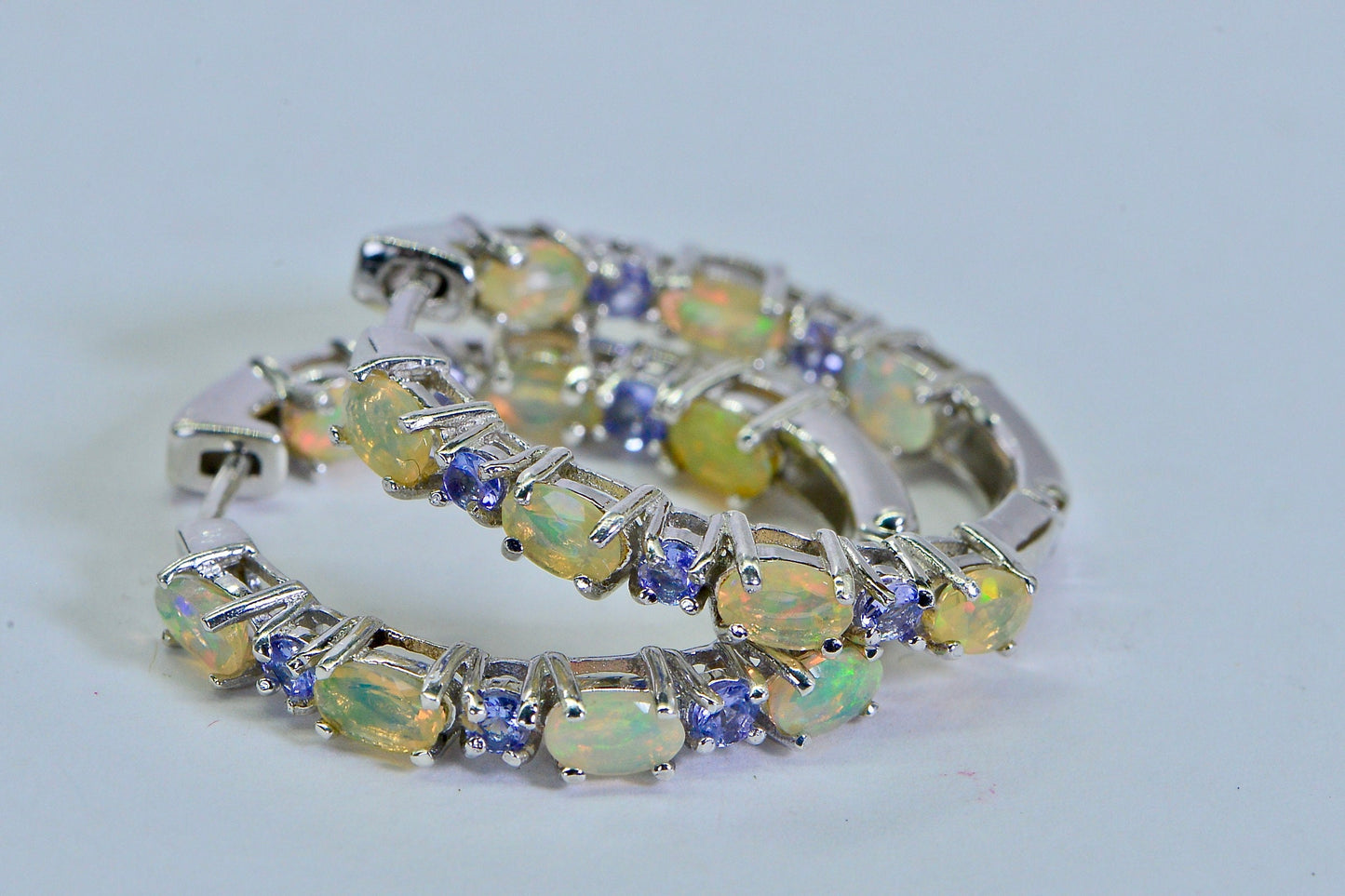Ethiopian Opal Tanzanite Sterling Silver Hoop Earrings