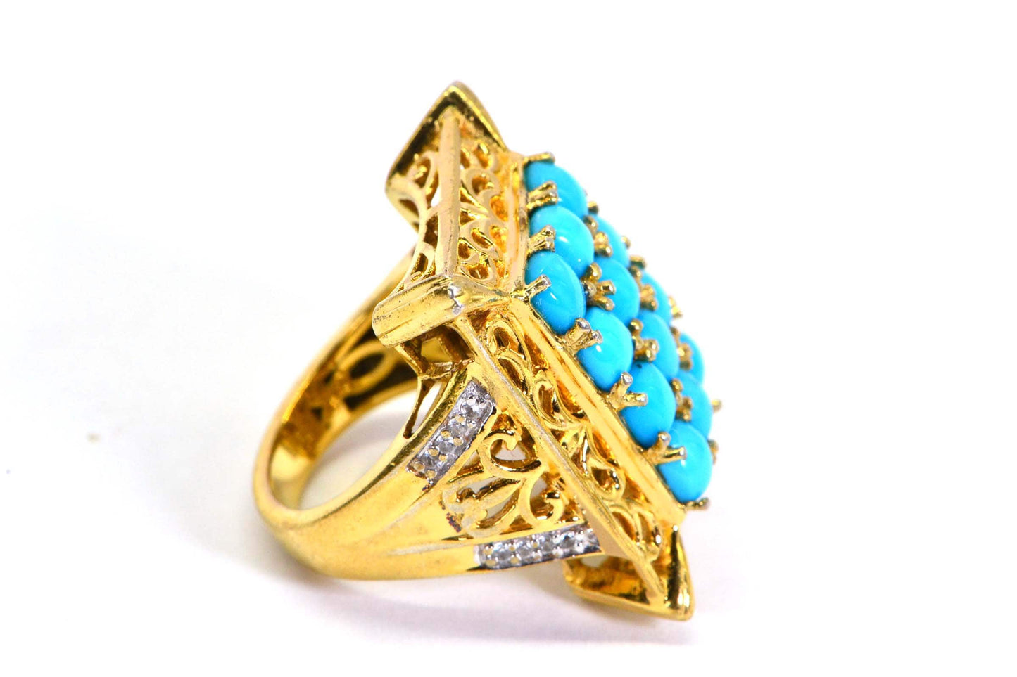 14K Gold Sleeping Beauty Turquoise Ring, Simulated Diamond, Size 5