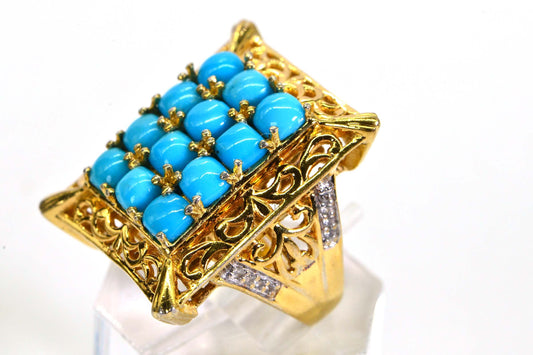 14K Gold Sleeping Beauty Turquoise Ring, Simulated Diamond, Size 5