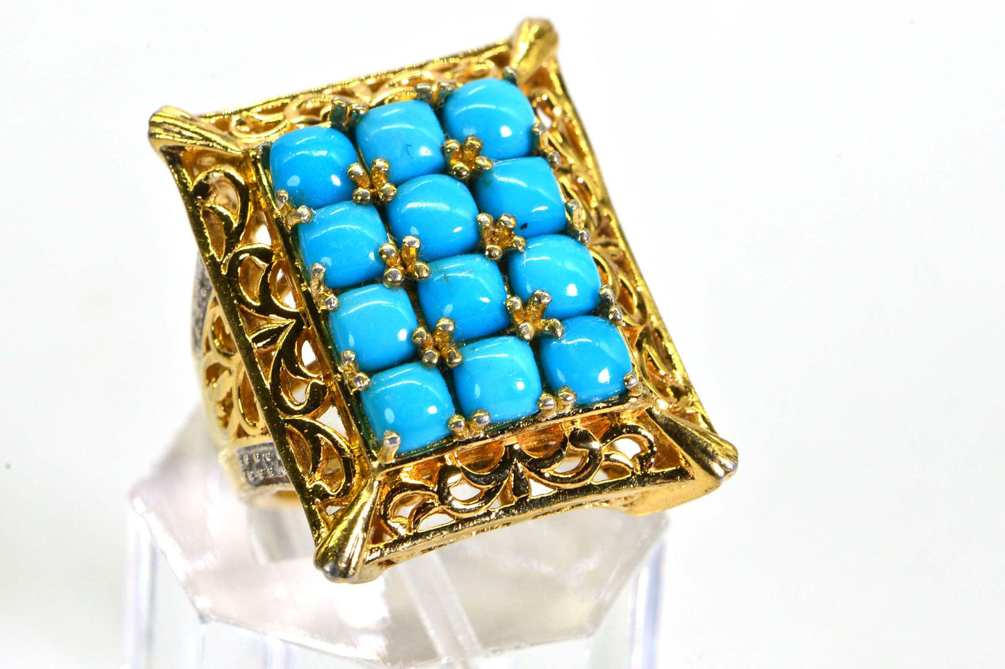 14K Gold Sleeping Beauty Turquoise Ring, Simulated Diamond, Size 5