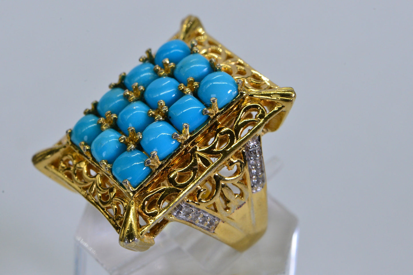 14K Gold Sleeping Beauty Turquoise Ring, Simulated Diamond, Size 5