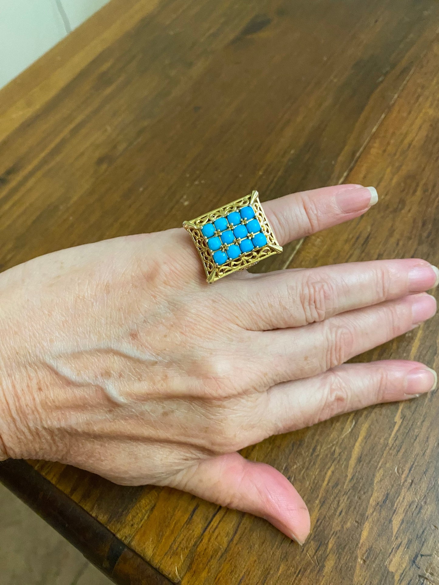 14K Gold Sleeping Beauty Turquoise Ring, Simulated Diamond, Size 5