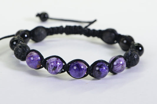 Handmade Shamballa Bracelet: Charoite, Lava, Black Tourmaline