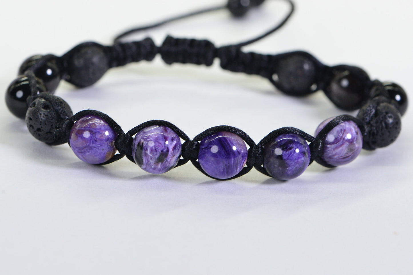 Handmade Shamballa Bracelet: Charoite, Lava, Black Tourmaline