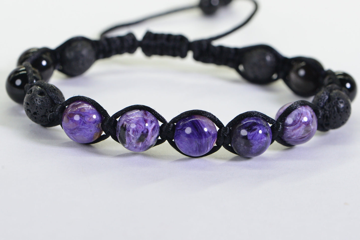 Handmade Shamballa Bracelet: Charoite, Lava, Black Tourmaline