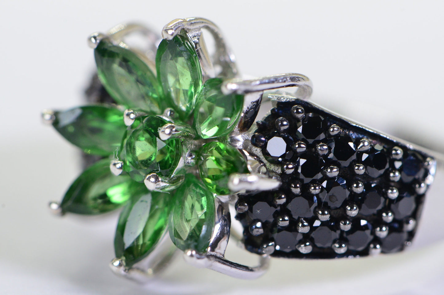 Emerald Flower Ring: Black Spinel, 14K White Gold Over Sterling Silver