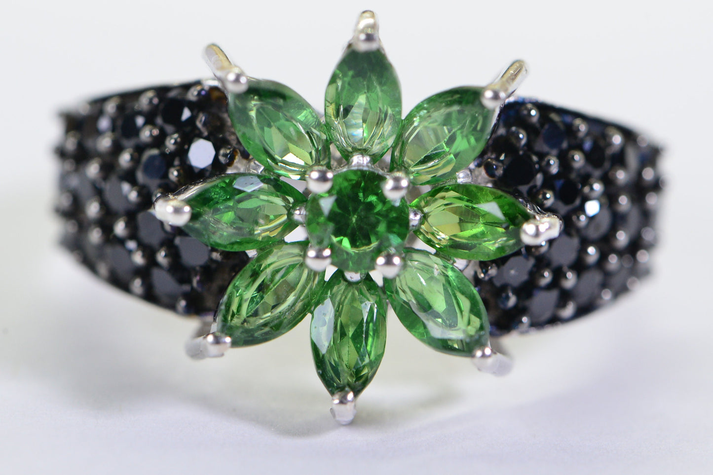 Emerald Flower Ring: Black Spinel, 14K White Gold Over Sterling Silver